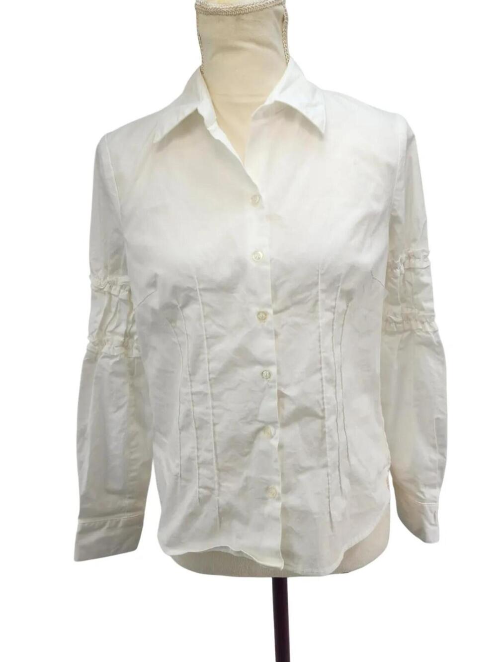 Trio New York White Button Up Blouse Ruched Sleeve 8P